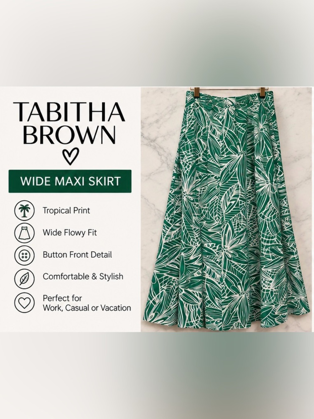 Tabitha Brown Green White Tropical Wide Maxi Skirt Size M